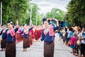 Uthaithanee,Thailand -MAY 30 2019 :Unidentified dancers group perform at the Parade of Rocket festival Ã¢â¬ÅBoon Bang FaiÃ¢â¬Â The